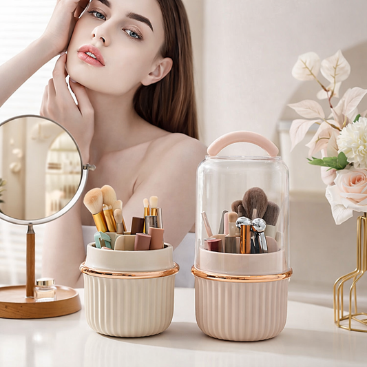 Rotating Makeup Brush Storage Bin 360 Degree Organizer with Dust Cover