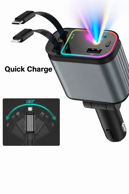 4-in-1 Car Charger with Retractable Cable & LED Light